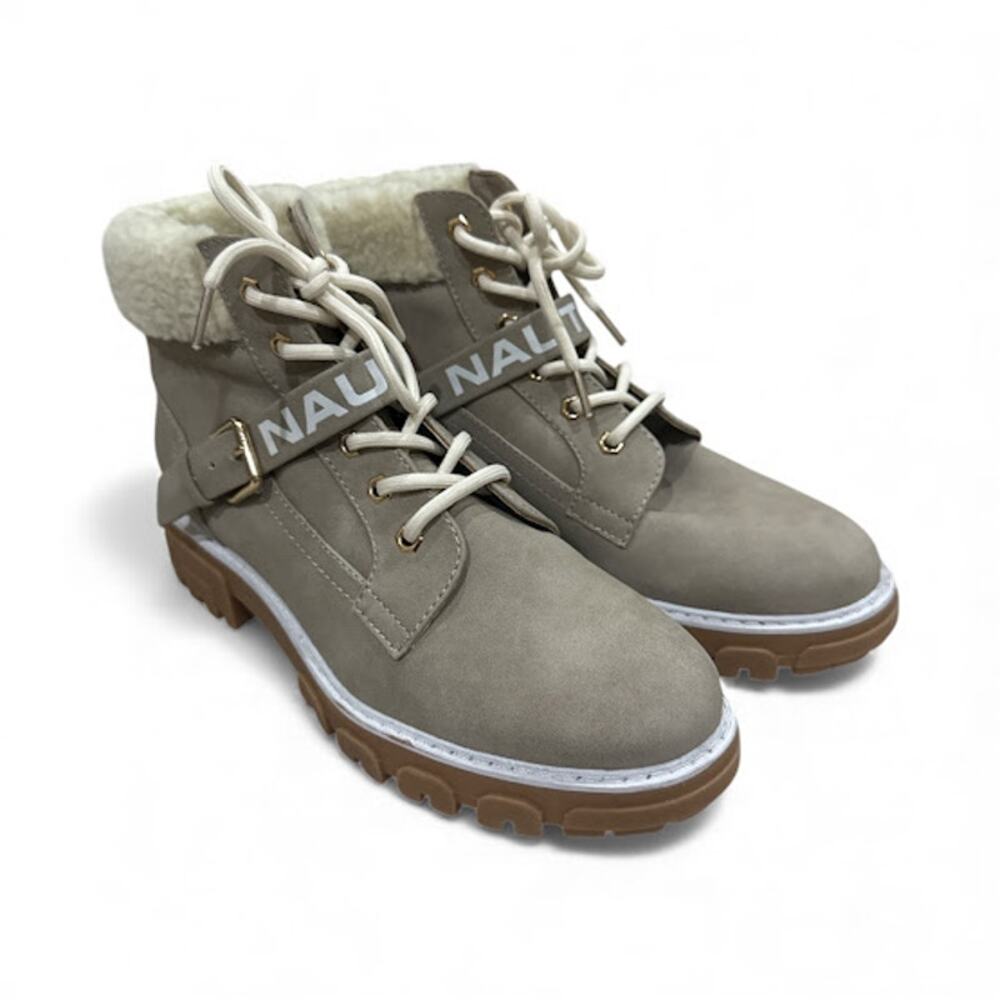 Nautica Evona Women’s Winter Boots Faux Fur Lace Up Beige Size 9 New Without Box